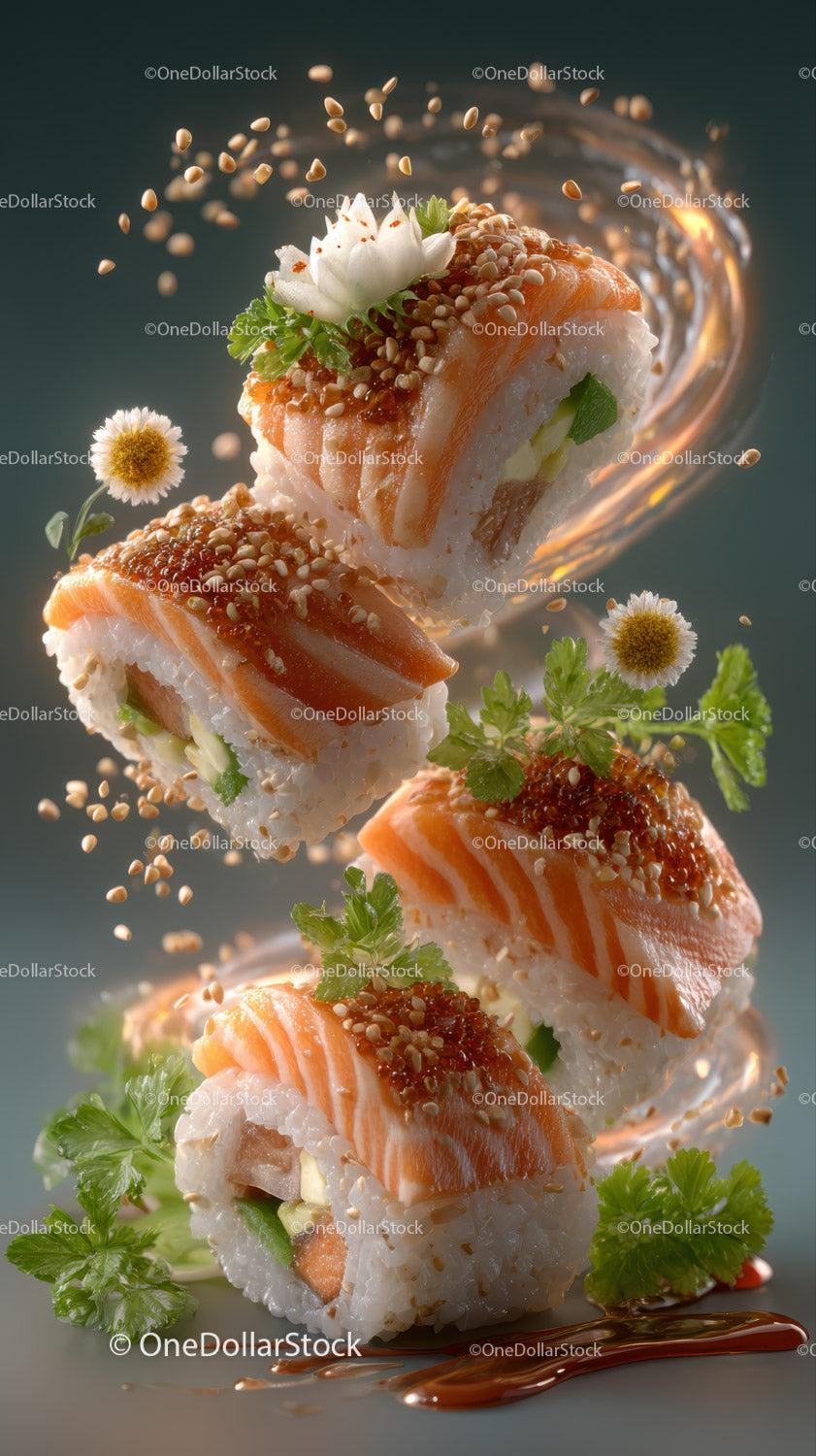Wyraziste rolki sushi z łososiem, sezamem i kwiatowymi dodatkami