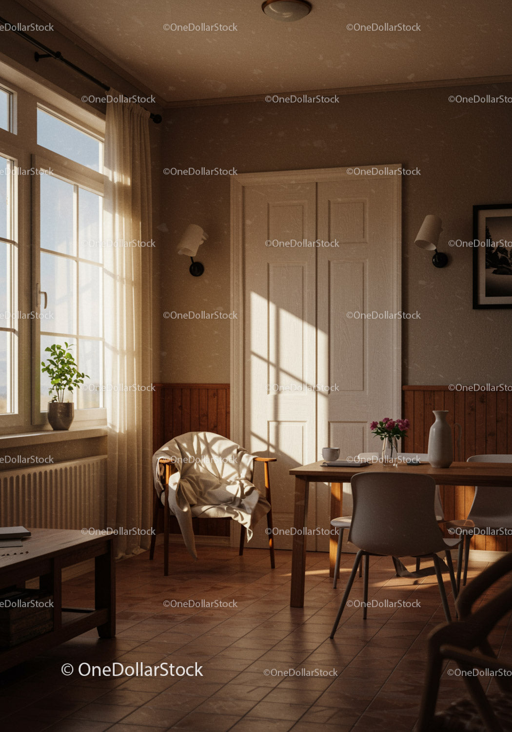Sunlit cozy dining room with wooden accents