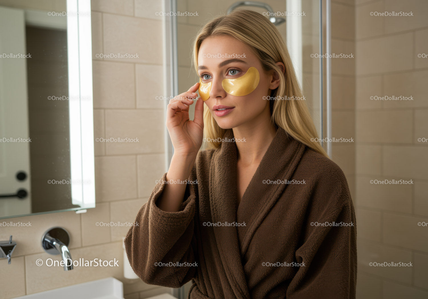 Woman wearing gold under-eye patches in a relaxing skincare routine