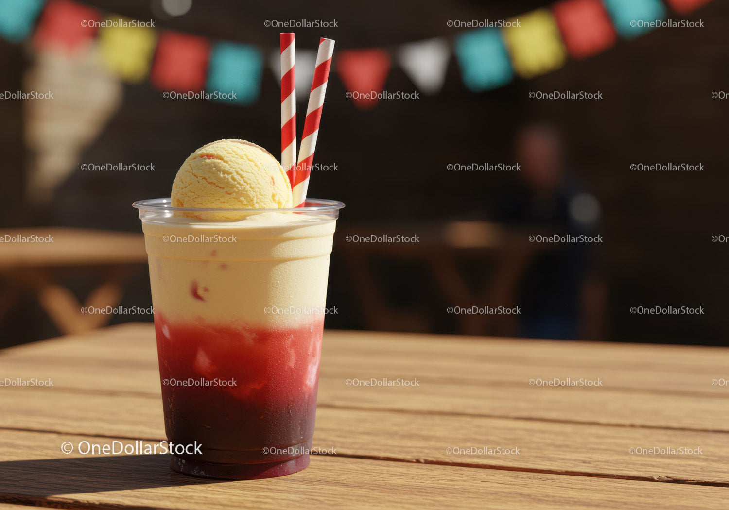 Colorful Fruit Cocktail with Ice Cream and Strawberry Syrup