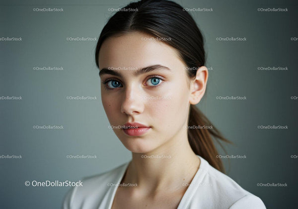 Close-Up Portrait of a Young Woman with Blue Eyes and Brown Hair