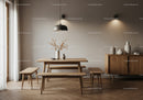 Minimalist wooden dining table with benches and decor