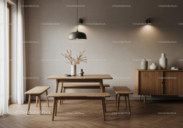 Minimalist wooden dining table with benches and decor