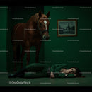 Woman Lying on Floor Beside a Horse in Dramatic Green Room