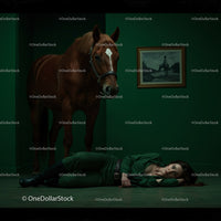 Woman Lying on Floor Beside a Horse in Dramatic Green Room