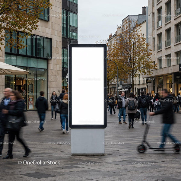 Busy urban street with blank advertising display panel JPG Mockup Image