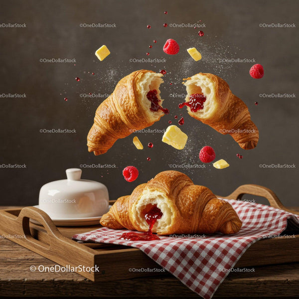 Fresh croissants bursting with raspberry jam and butter