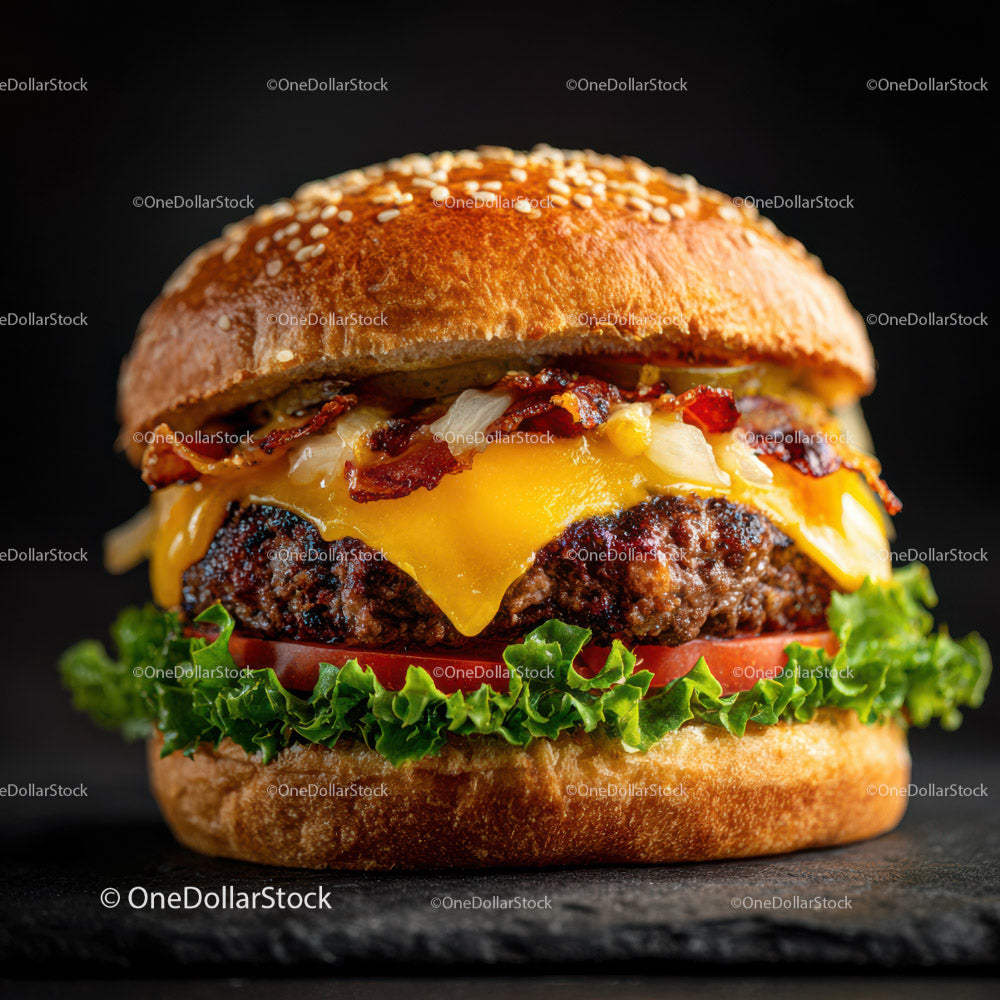 Pyszny cheeseburger z boczkiem, sałatą, pomidorem i roztopionym serem