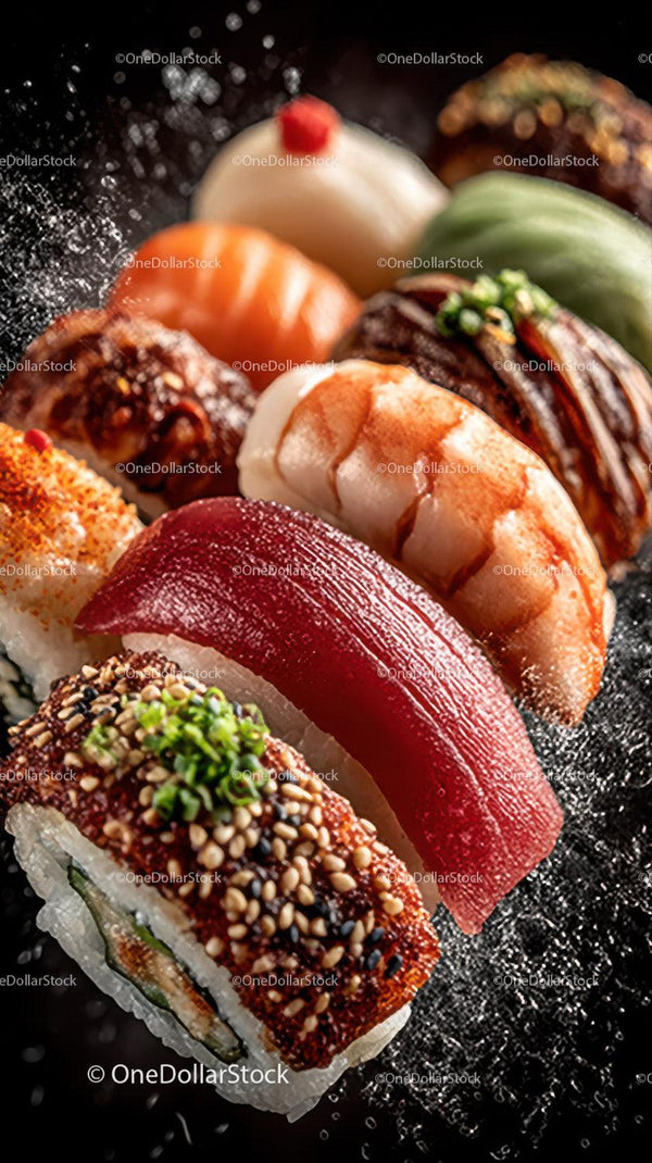 Colorful Sushi Platter with Assorted Rolls and Fresh Seafood