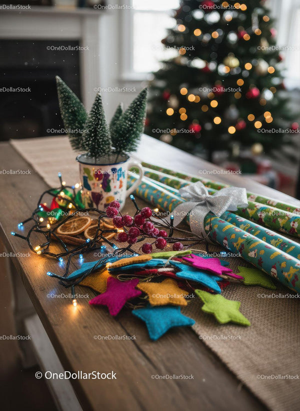 Festive Christmas wrapping supplies on rustic wooden table