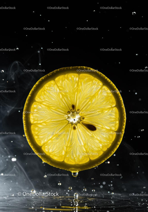 Fresh lemon slice suspended with water droplets and smoke