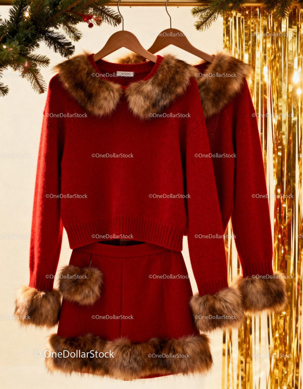 Elegant Red Winter Outfit with Fur Details Hanging