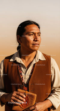 Portrait of an Indigenous Man in Traditional Clothing in Desert Landscape