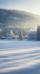Winter Cabin Village Nestled in Snowy Mountain Forest