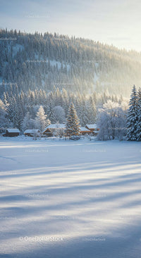 Winter Cabin Village Nestled in Snowy Mountain Forest