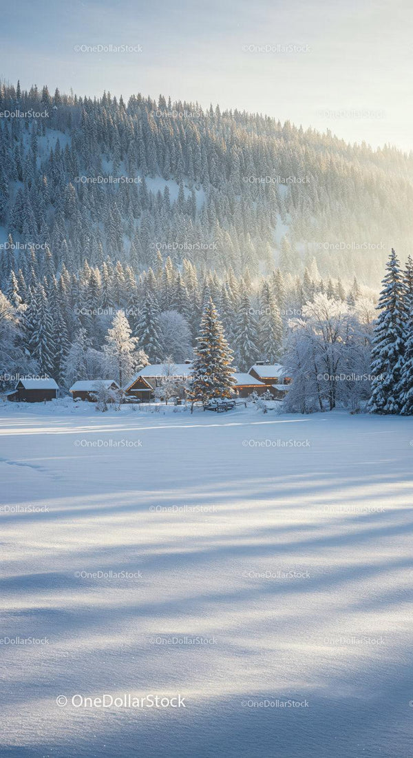 Winter Cabin Village Nestled in Snowy Mountain Forest