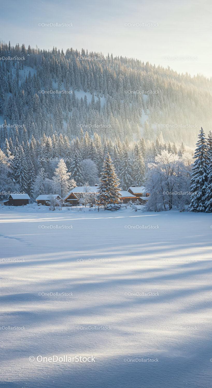 Winter Cabin Village Nestled in Snowy Mountain Forest