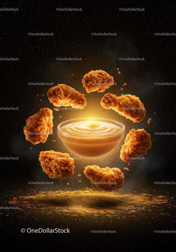 Golden Fried Chicken Pieces Surrounding Creamy Sauce Bowl