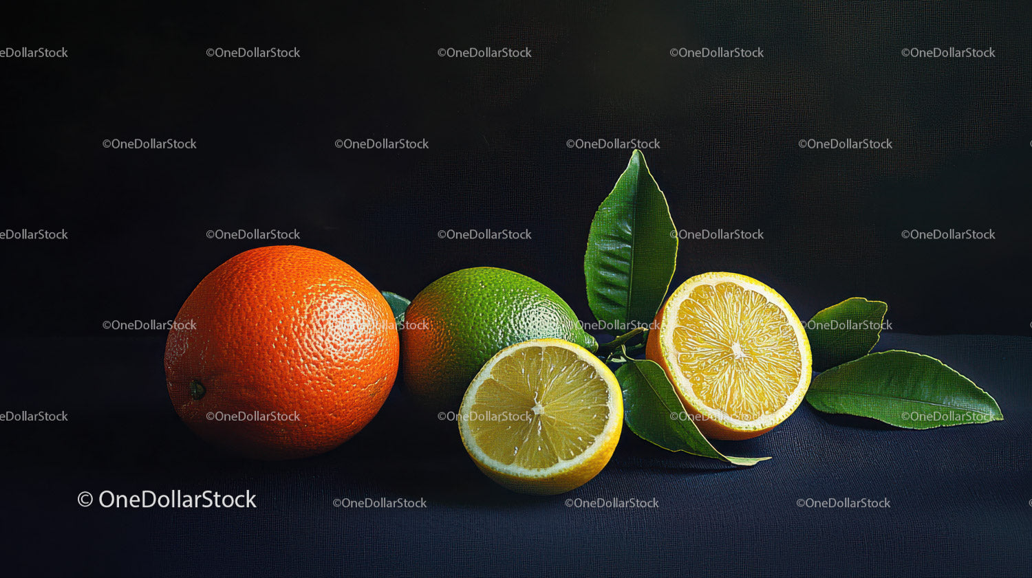 Fresh Citrus Fruits Lemon Orange Lime on Dark Background