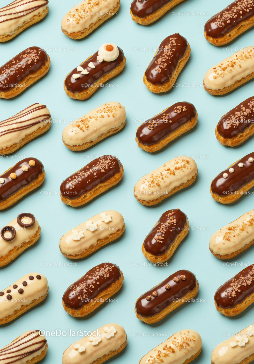 Assorted chocolate and vanilla éclairs on blue surface