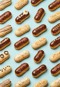 Assorted chocolate and vanilla éclairs on blue surface