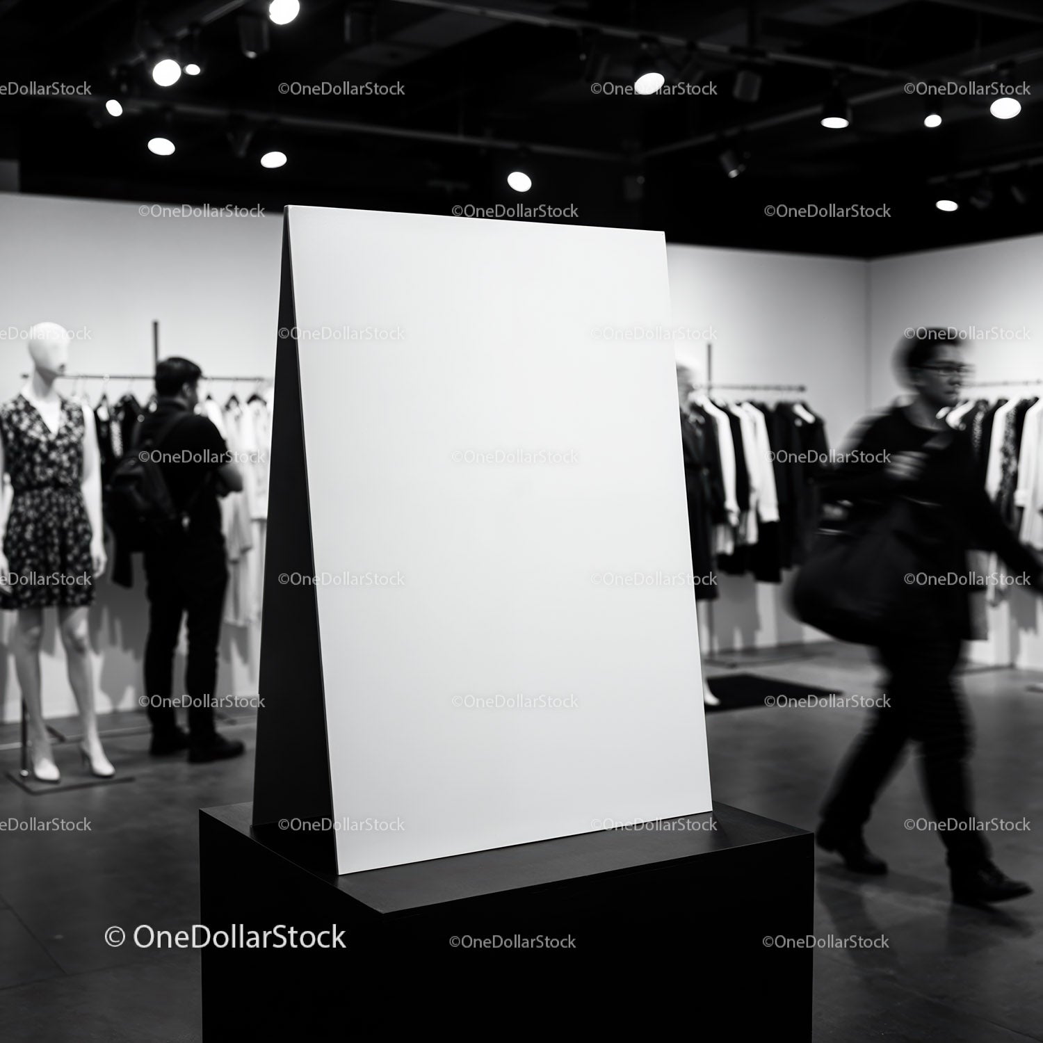 Blank white poster stand in modern fashion boutique