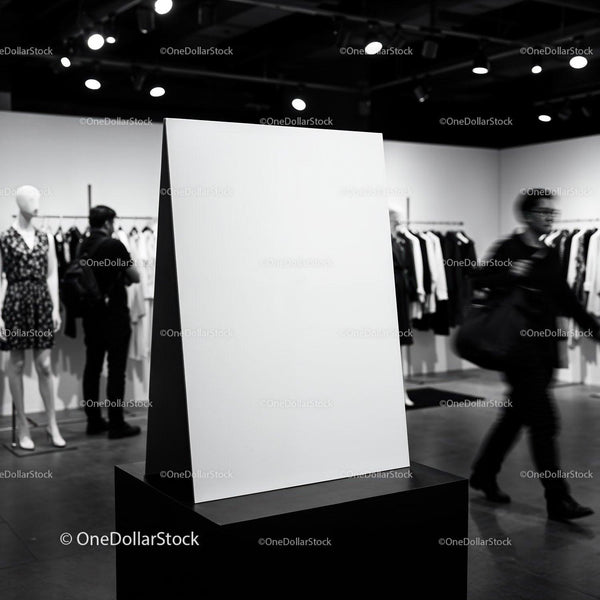 Blank white poster stand in modern fashion boutique JPG Mockup Image