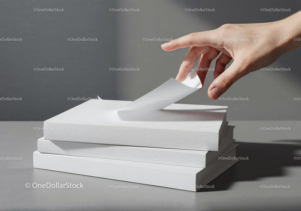 Hand flipping page of blank book on stack JPG Mockup Image