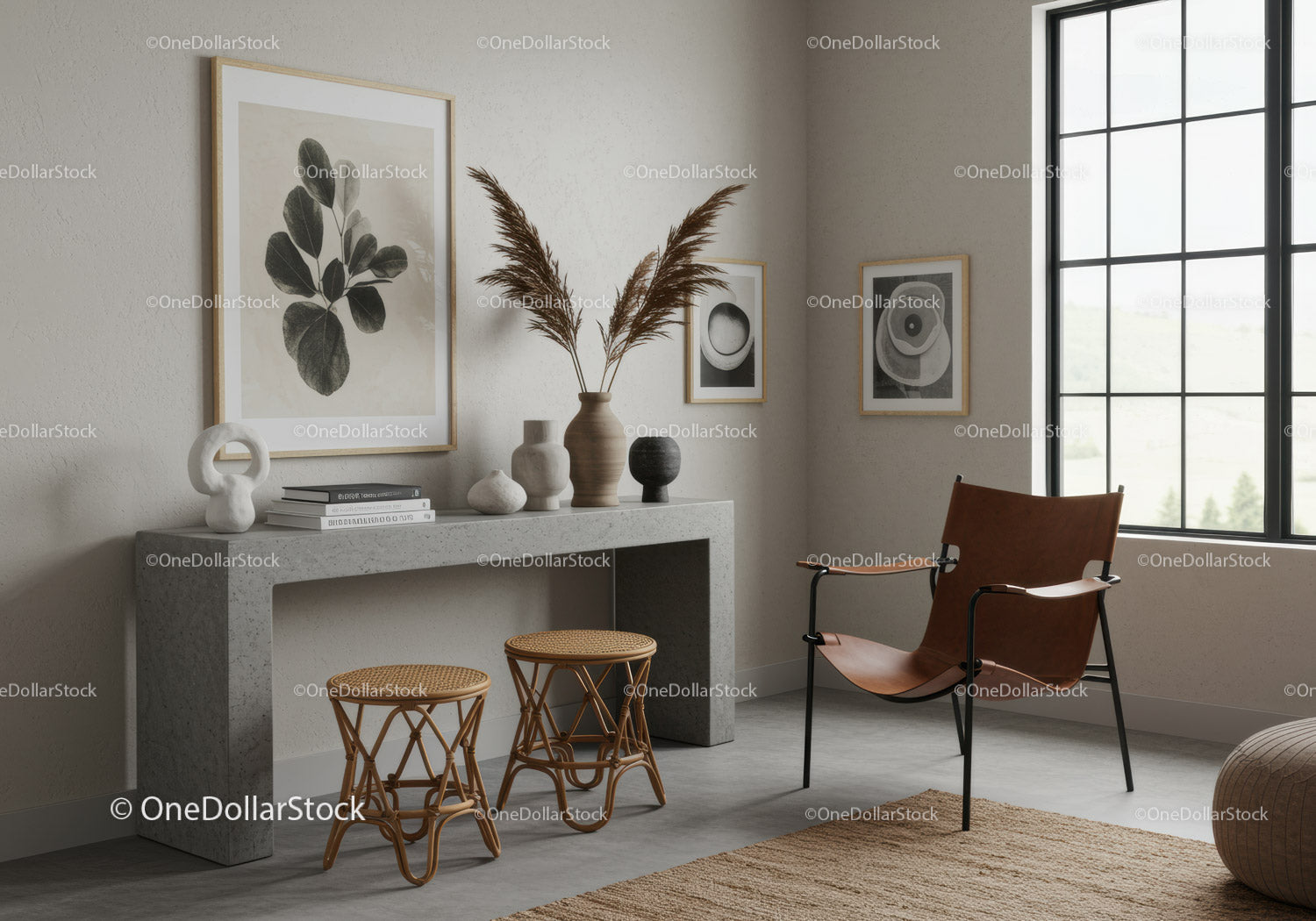Minimalist living room with leather chair and natural decor