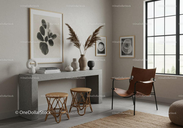 Minimalistyczny salon z skórzanym fotelem i naturalną dekoracją