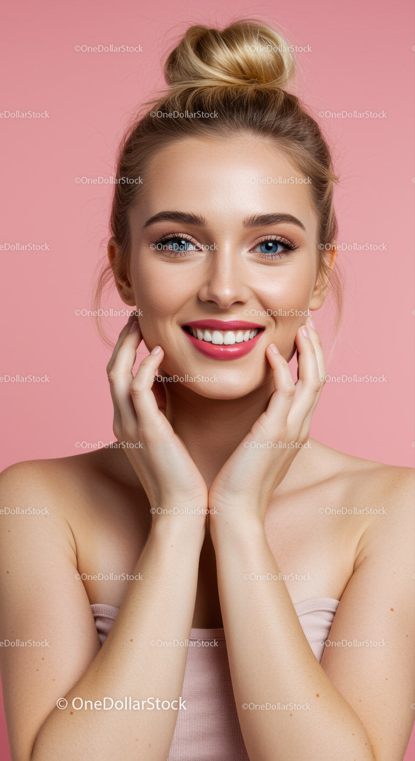 Portrait of a Smiling Woman with Flawless Skin and Bright Blue Eyes