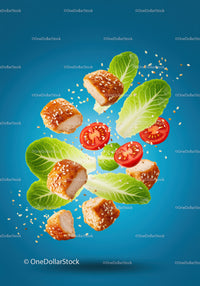 Fresh Chicken Salad Ingredients in Midair with Sesame