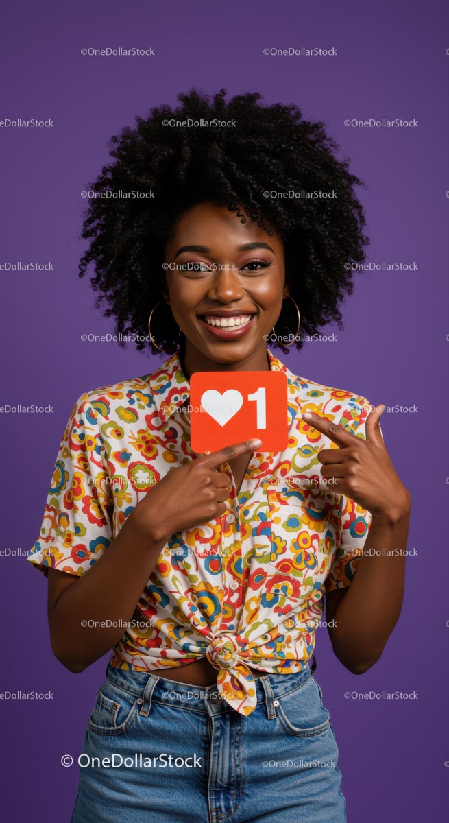 Vibrant Smiling Woman in Colorful Shirt Holding Like Icon Sign