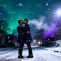 Romantic kiss between couple on snowy winter street