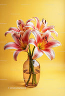 Pink Lily Bouquet in Elegant White Vase with Bright Yellow Background