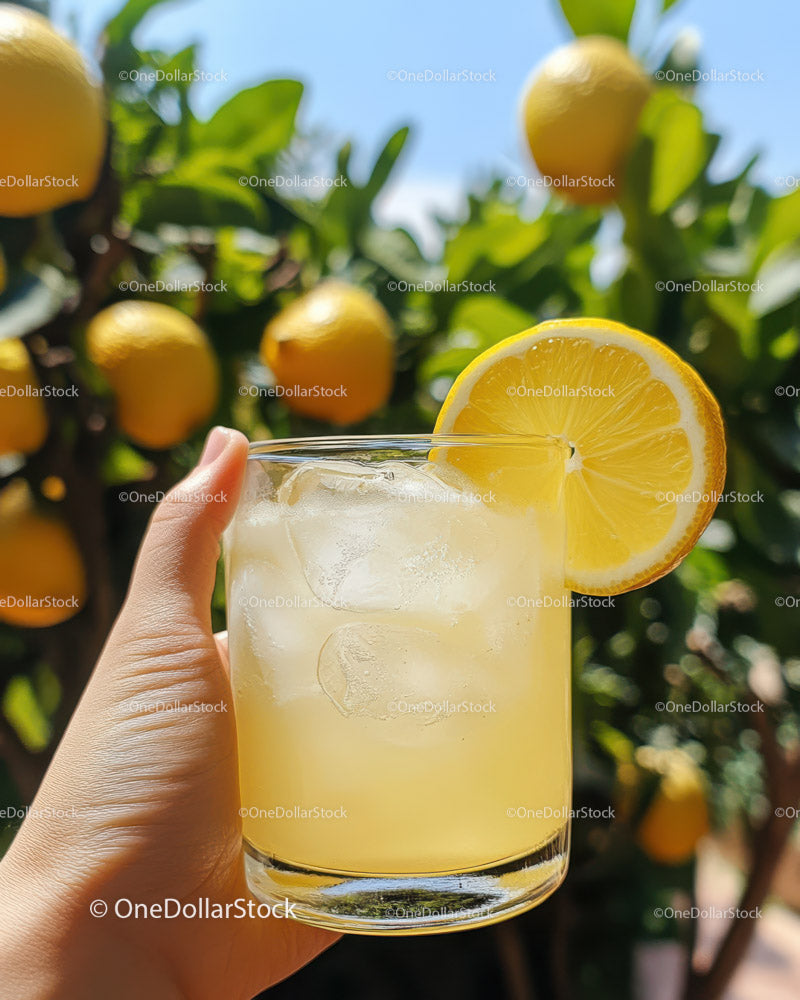 Fresh Lemonade with Ice and Lemon Slice in Bright Outdoor Setting