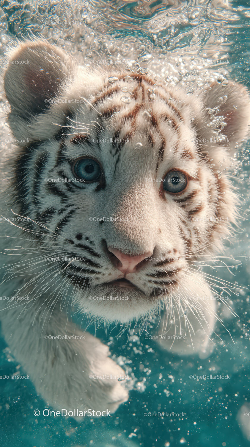 White tiger cub swimming underwater with piercing blue eyes (40 Images)