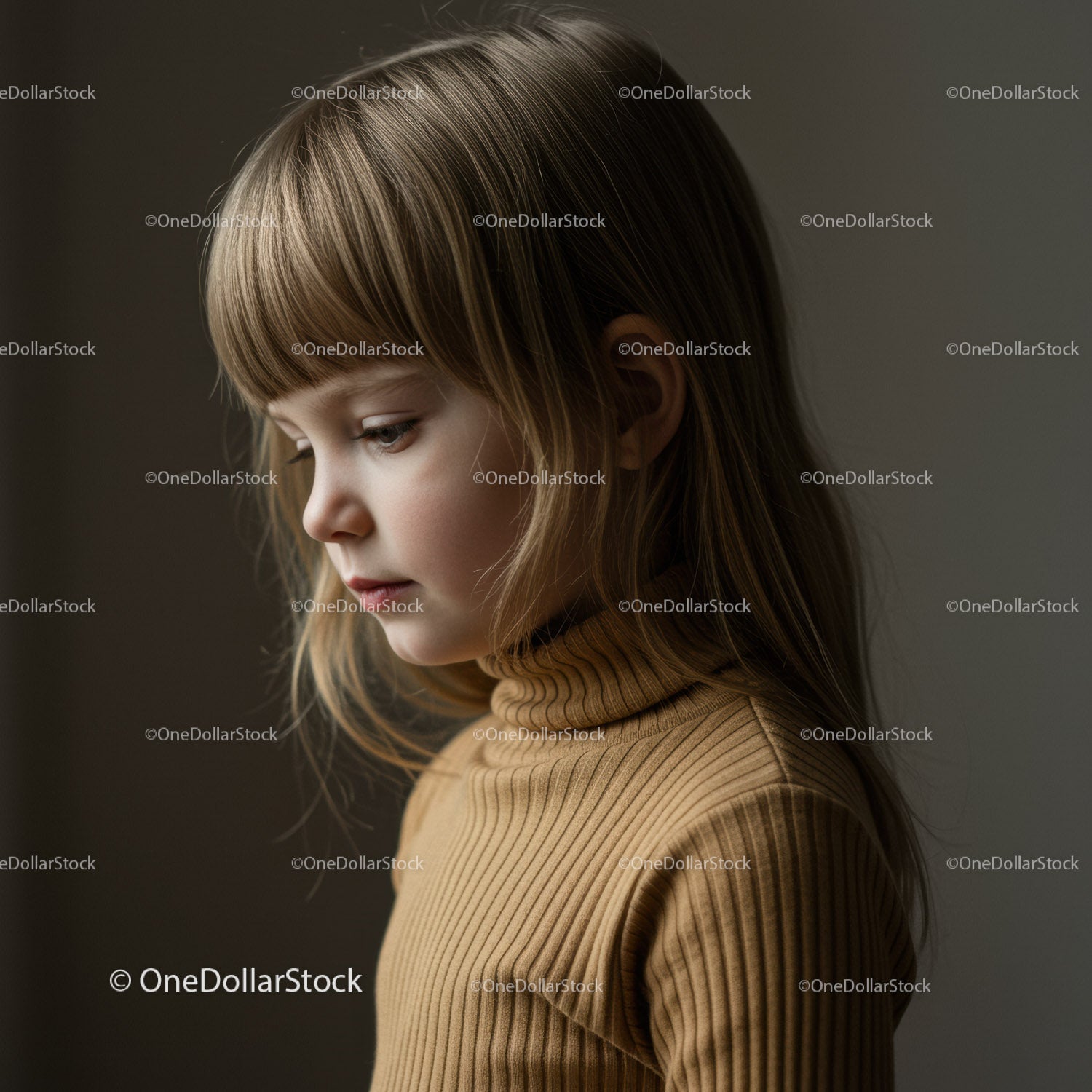 Thoughtful young girl in cozy brown turtleneck sweater