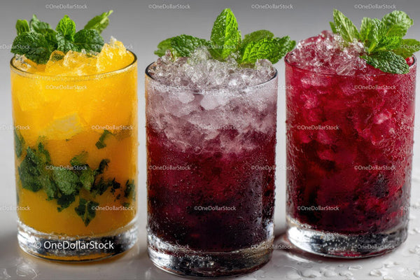 Colorful Ice-Cooled Fruit and Berry Mojitos with Fresh Mint