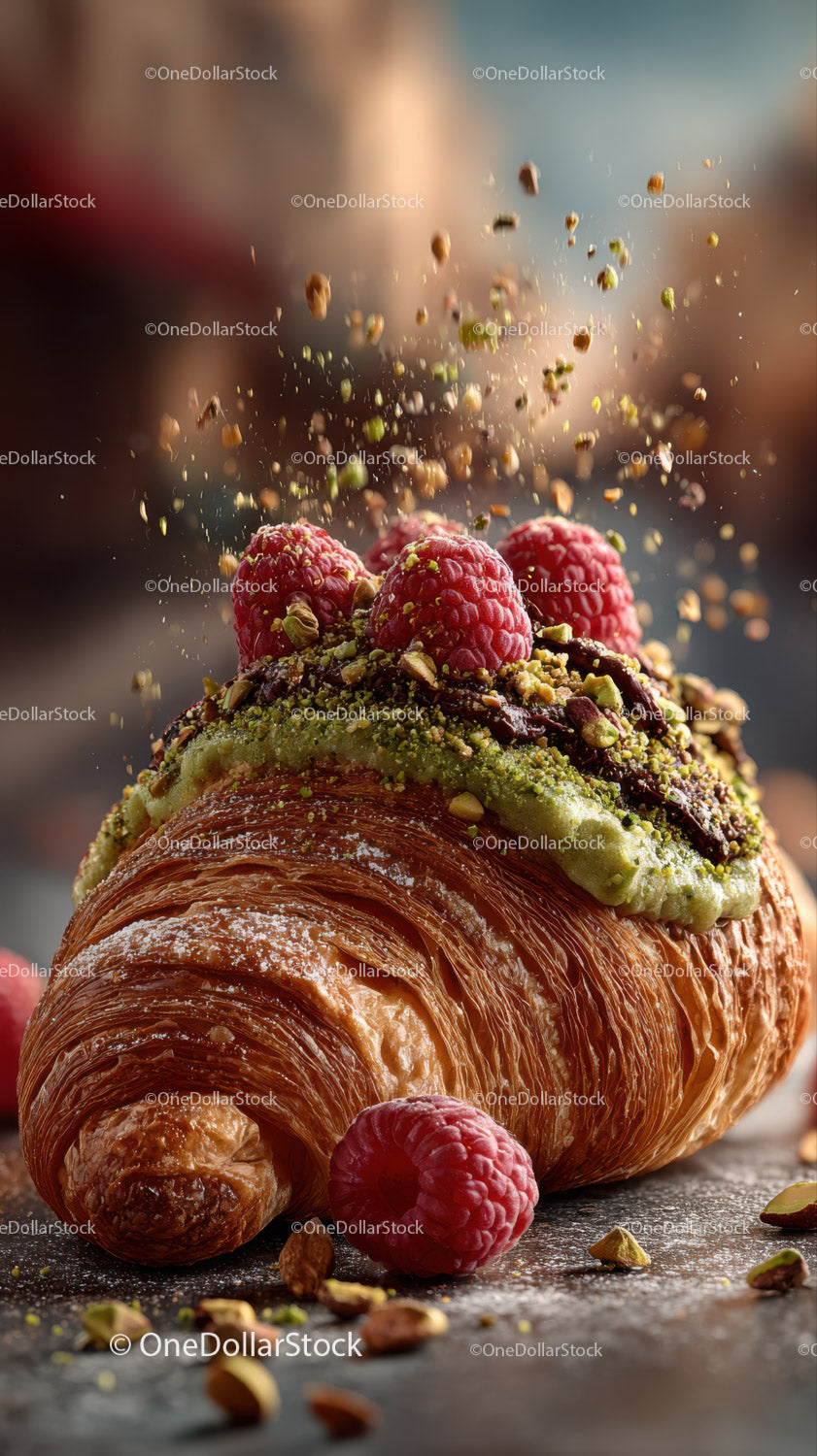 Pyszny croissant z malinami i pistacjami ze świeżymi jagodami