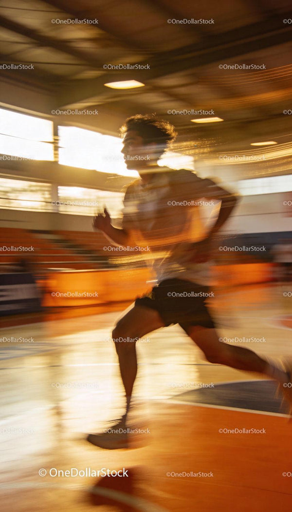Athlete sprinting fast inside an indoor gym