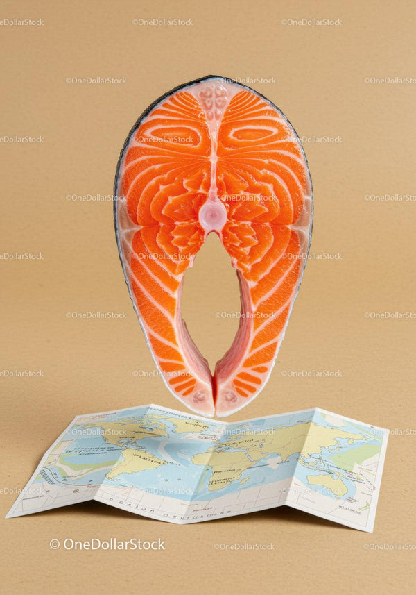 Fresh salmon steak above folded world map on tan background