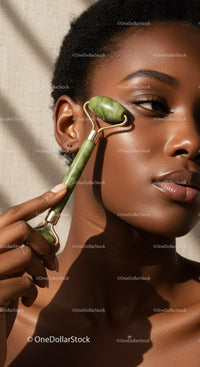 Young Woman Using Jade Roller for Facial Skincare and Relaxation