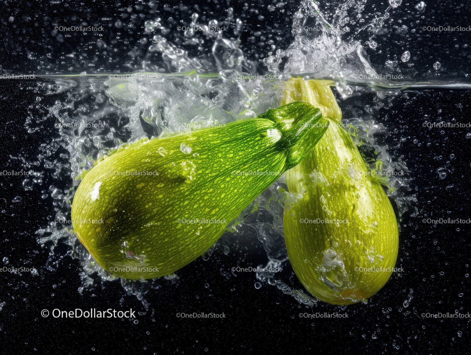 Fresh Green Zucchini Squash Splashing in Water in Motion