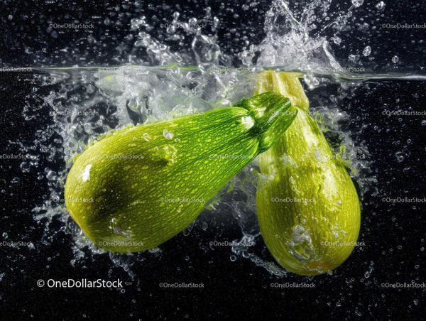 Fresh Green Zucchini Squash Splashing in Water in Motion