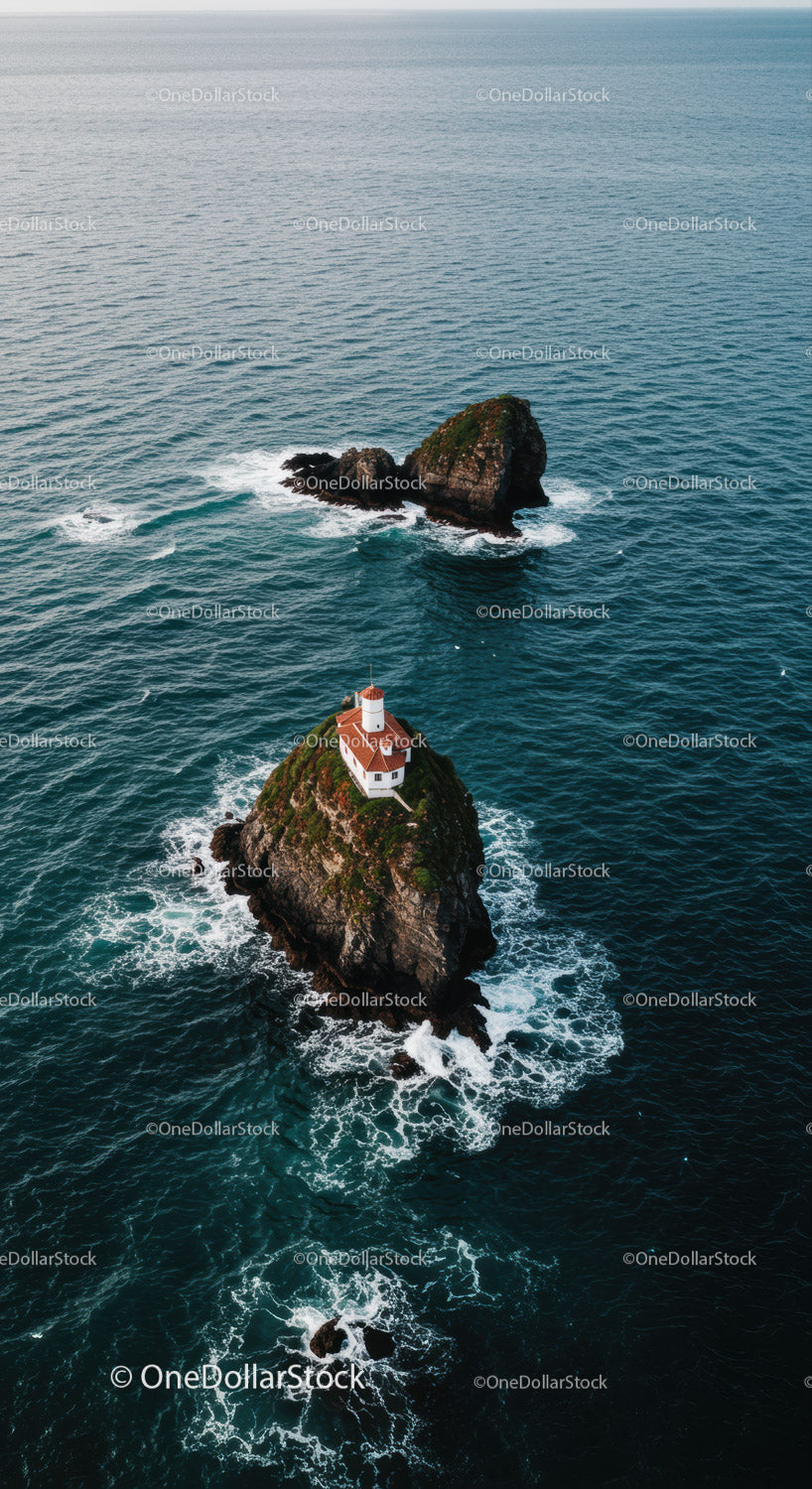 Scenic Sea View with Lighthouse on Rocky Island Under Cloudy Sky