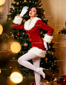 Elegant woman in festive Santa outfit by Christmas tree