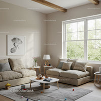 Bright Living Room with Beige Sofas and Large Window