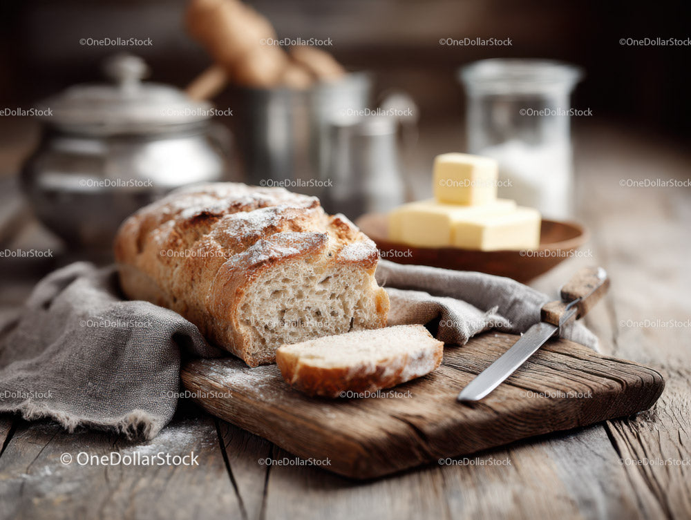 Fresh Rustic Bread with Butter on Wooden Cutting Board