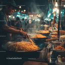 Street food vendor cooking stir-fry noodles at night market